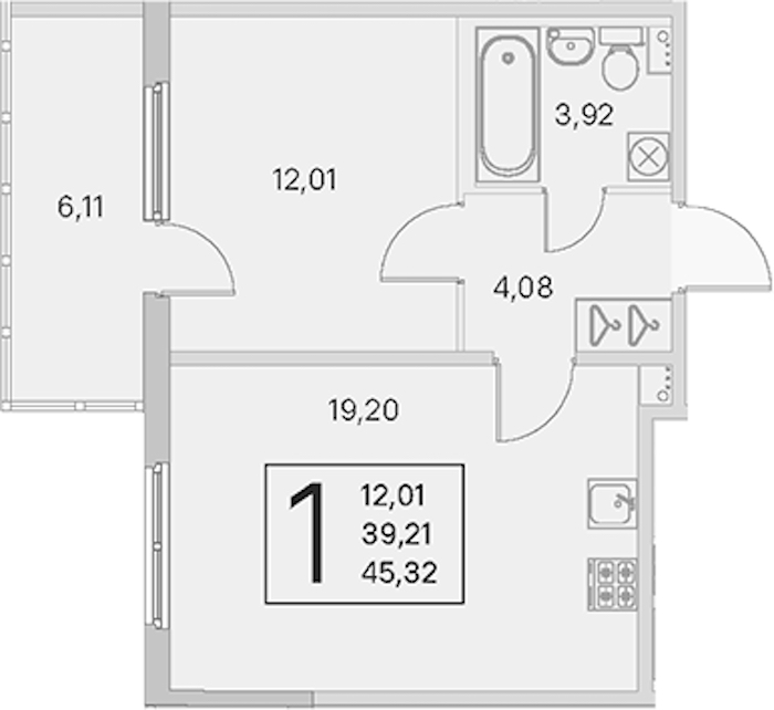 1-комнатная квартира 39.21 м², 1/4 эт., ЖК «Любоград в Стрельне»